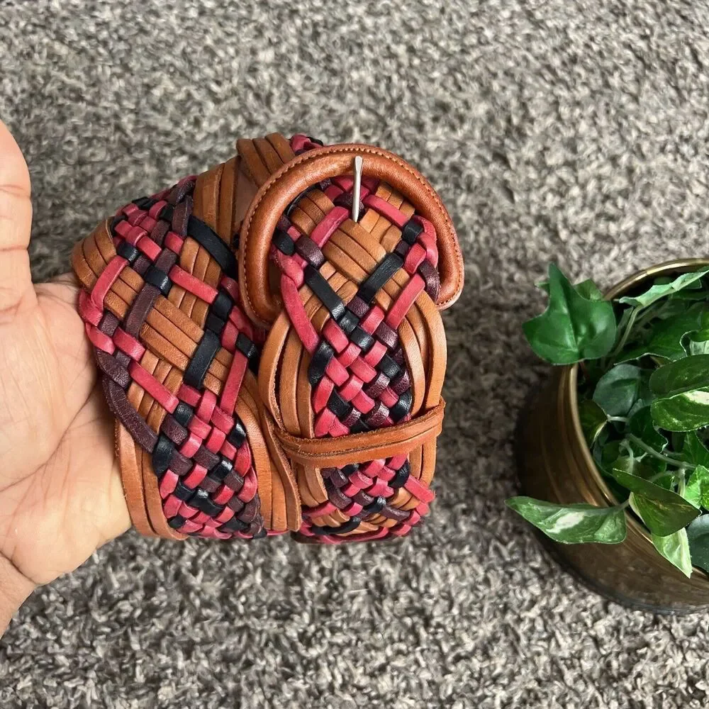 VTG Wide Weaved Braided Leather Waist Belt Size 36 Brown Boho Bohemian Classic